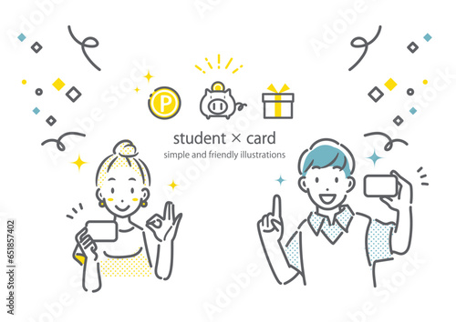 お得なカードを紹介する学生　シンプルでお洒落な線画イラスト