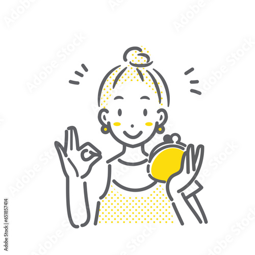お金の問題が解決した若い女性　シンプルでお洒落な線画イラスト