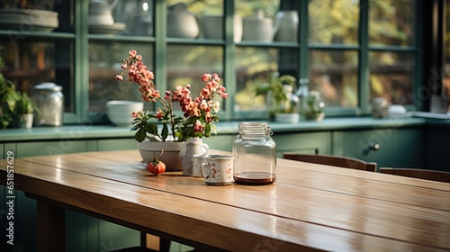 Fragment of modern classic country style kitchen. Wooden dining table, flowers in a vase, glass cabinets with crockery in the background. Contemporary home design. 3D rendering.