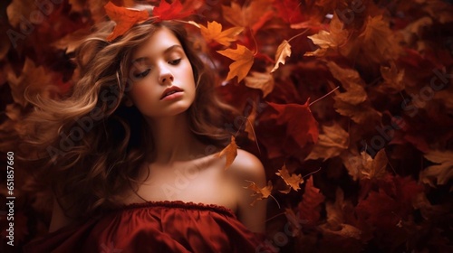 Beautiful young woman with autumn maple leaves in her hair. Beauty, fashion. © Oleh