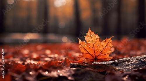 Autumn maple leaf on the ground in the forest with bokeh