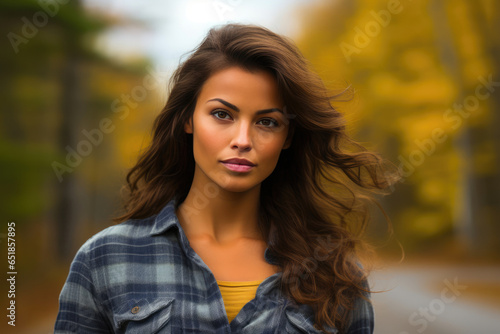 Captivating Young Woman in Flannel and Jeans