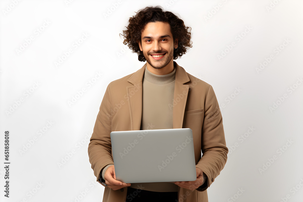 portrait of cheerful young man smiling with laptop in hands portrait of cheerful young man smiling with laptop in hands