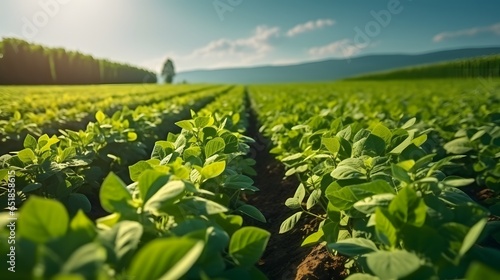 Agricultural soy plantation on sunny day - Green growing soybeans plant against sunlight