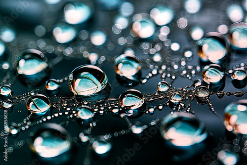 Macro shot of blue shimmering water drops on a shiny dark background