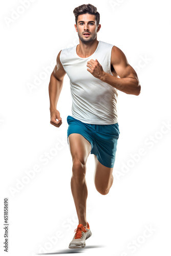 portrait of a concentrated young sports man running isolated on white background