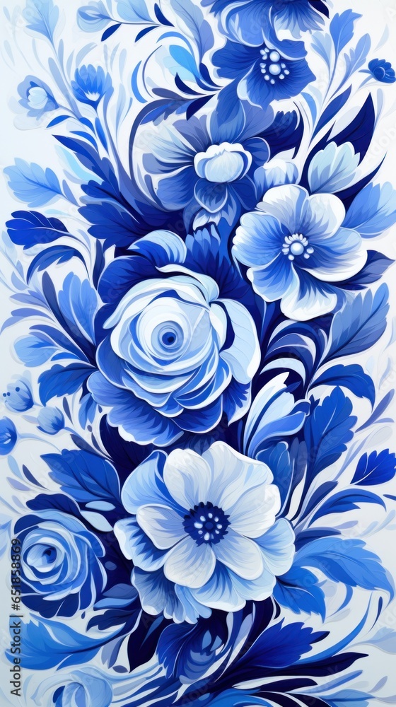 vertical backgrounds and wallpaper for the design of mobile phone presentations or instagram stories: Sketch of a bouquet of traditional folk art porcelain painting in Gzhel style