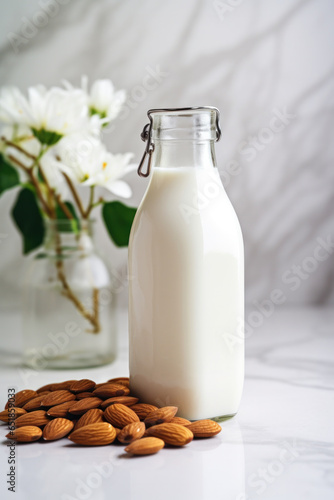 Homemade almond milk in small bottle