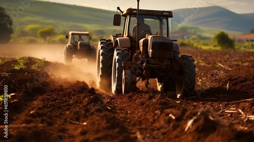 Agriculture. Tractor plowing field. Wheels covered in mud, field in the backround. Cultivated field. Agronomy, farming, husbandry concept.
