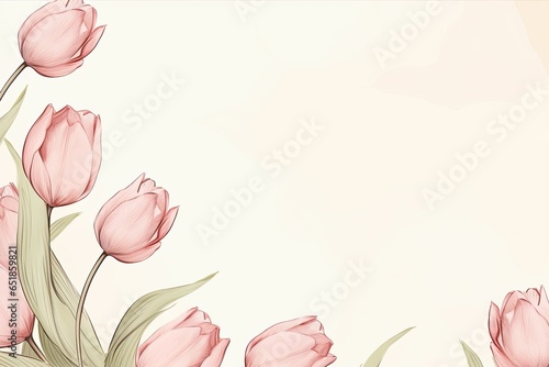 Frame of pink tulip flowers on light beige background. Hand drawn tulip illustration background, editable wedding menu template with pink tulips, instant download, printable invitation template #651859821