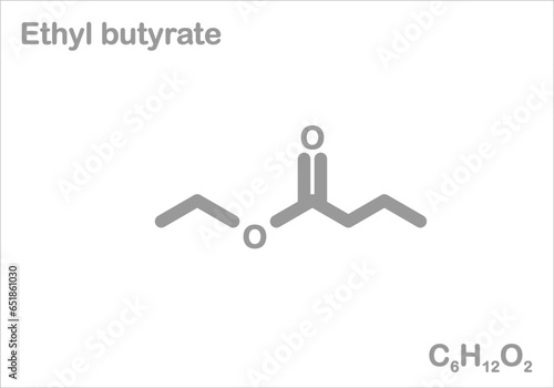 Ethyl butyrate. Simplified structural formula. Use as food additive e.g., for the flavoring of orange juice.