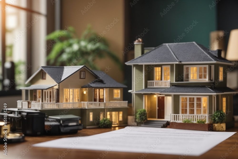 House model and contract, agent and customers discussing buying renting house, get insurance or loan real estate or property on background. Concept of mortgage. Generative AI House model and contract, agent and customers discussing buying renting house, get insurance or loan real estate or property on background. Concept of mortgage. Generative AI