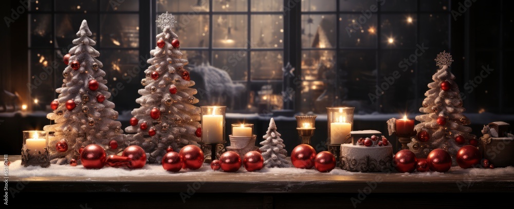 Christmas, New Year interior with red brick wall background, decorated fir tree with garlands and balls.