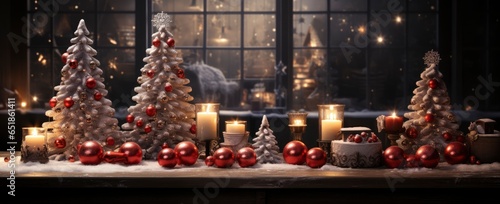 Christmas, New Year interior with red brick wall background, decorated fir tree with garlands and balls.