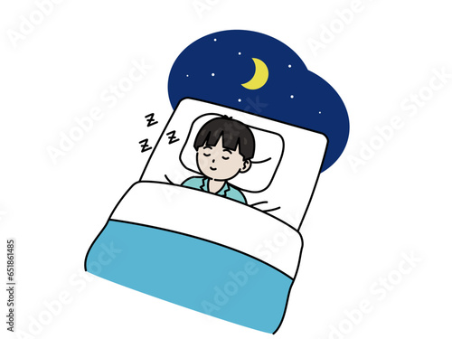 布団で眠る男の子のイラスト