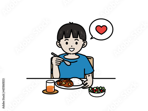 好物のカレーライスを食べる男の子イラスト