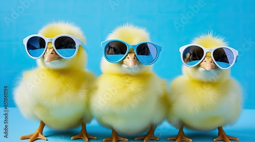 Three Yellow Chicks with Blue Sunglasses Bang Studio Blue Background Easter Concept