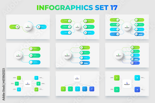 Set of infographic flowcharts diagrams. Structure scheme with 2, 3, 4, 5, 6 and 8 options