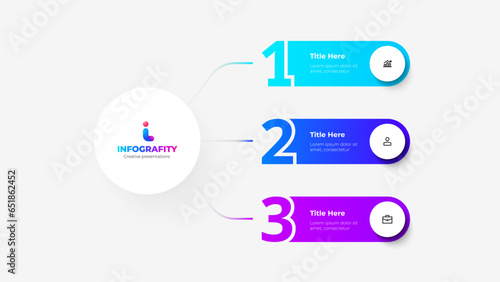 Mind map with 3 numbers elements connected to main circle. Flowchart with three steps