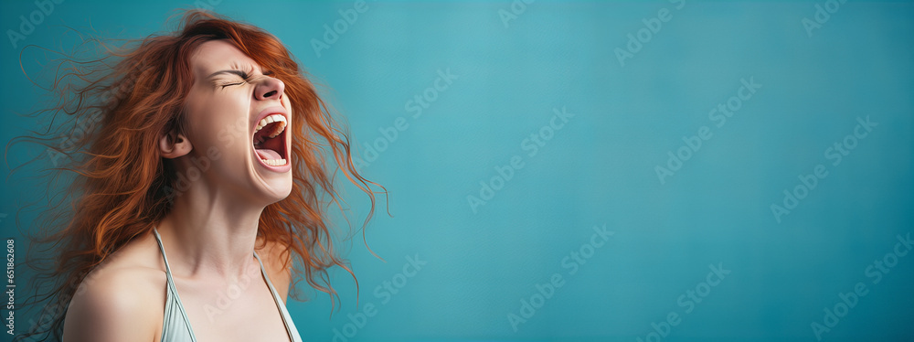 Angry and frustrated woman expresses emotions by screaming on a blue background. Banner cover design. Generative AI - obrazy, fototapety, plakaty 