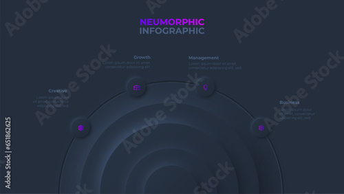 Dark neumorphism infographic design template with 4 semicircles