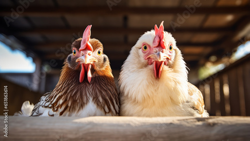 Close-Up Chickens on Barn Rafters photo