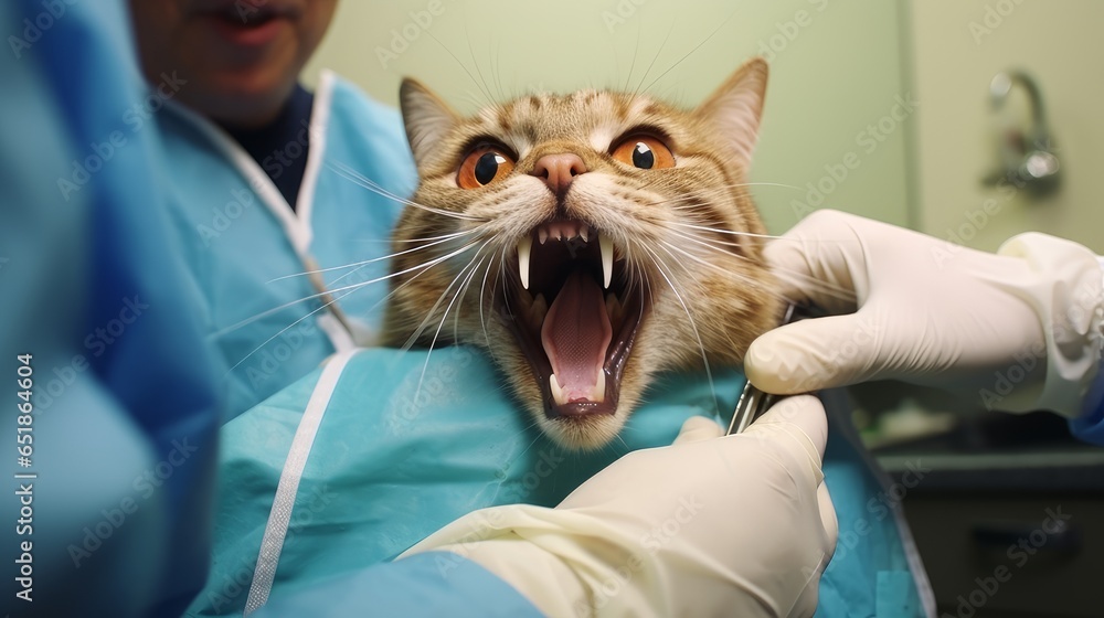 Obraz na płótnie A veterinarian checks a cat's teeth and mouth at the clinic for diseases. w salonie