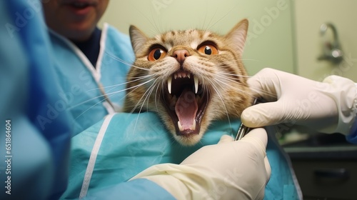 A veterinarian checks a cat's teeth and mouth at the clinic for diseases.