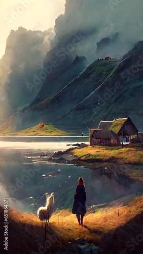 expansive colorful faroese seaside village crystal clear bay mountainous background cute chick with thick braids long legs wide hips 12 cinematic lighting shafts of sunlight through the clouds08 
