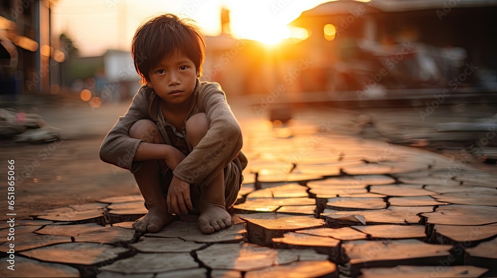 Asian children living in poverty and drought - obrazy, fototapety, plakaty 