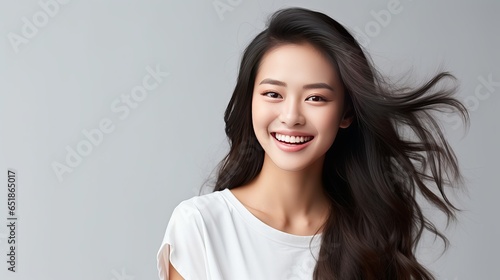 Young beautiful Asian woman smiling, beautiful teeth, generative ai © myAstock
