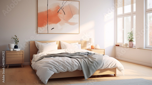 A bedroom with a king size bed, a nightstand, and a few pieces of art 