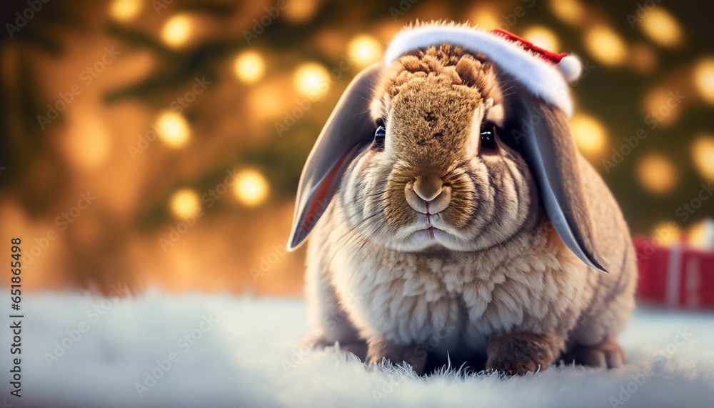 Obraz premium Christmas bunny in a Santa Claus hat on the background of gifts and a Christmas tree 
