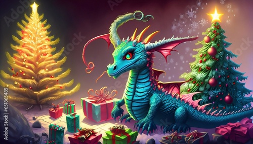 Christmas year of the dragon and tree with gifts, for postcard