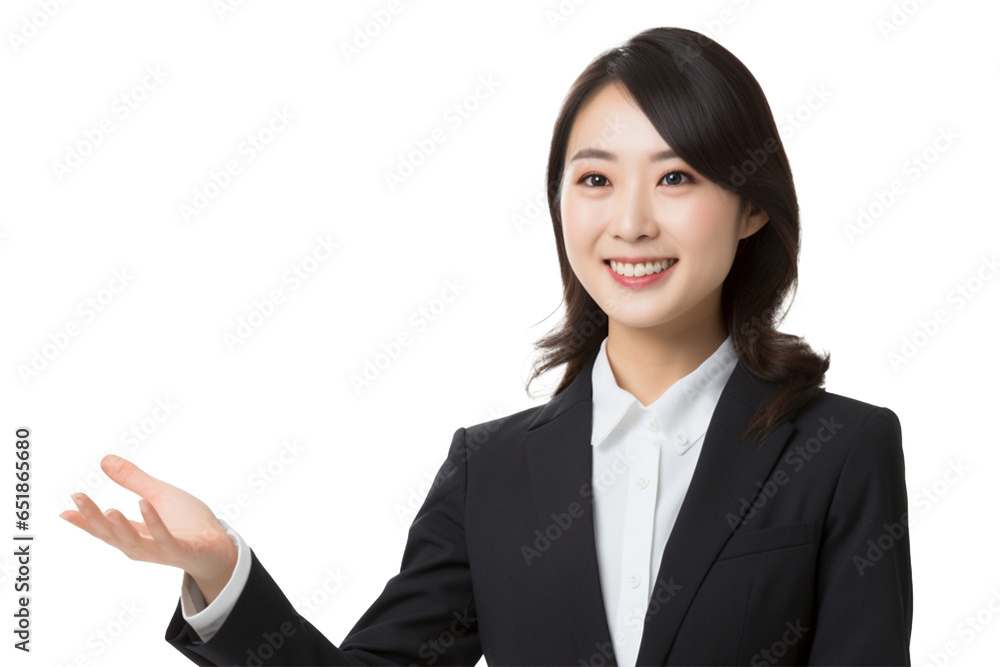 手のひらを向けて紹介する女性会社員 手のひらを向けて紹介する女性会社員
