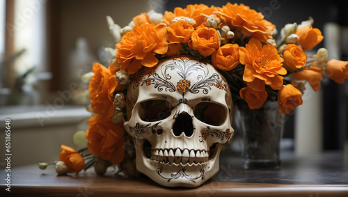 Close up black skull with orange rose flower bouquet on white background, idea for living room Halloween decoration