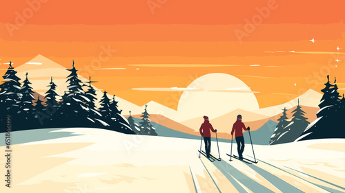 Bild auf Leinwand simple vector illustration, copy space, simple colors, 2 persons cross-country skiing