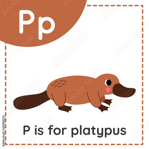 Learning English alphabet for kids. Letter P. Cute cartoon platypus.