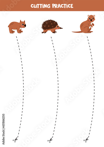 Cutting practice for children with cute Australian animals.