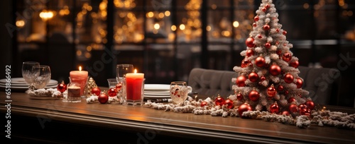 Christmas  New Year interior with red brick wall background  decorated fir tree with garlands and balls.