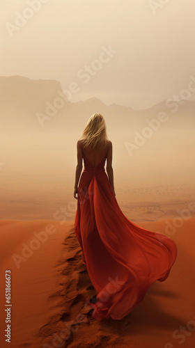 A Woman Wearing a Long Red Dress Standing in a Desert With Copy Space