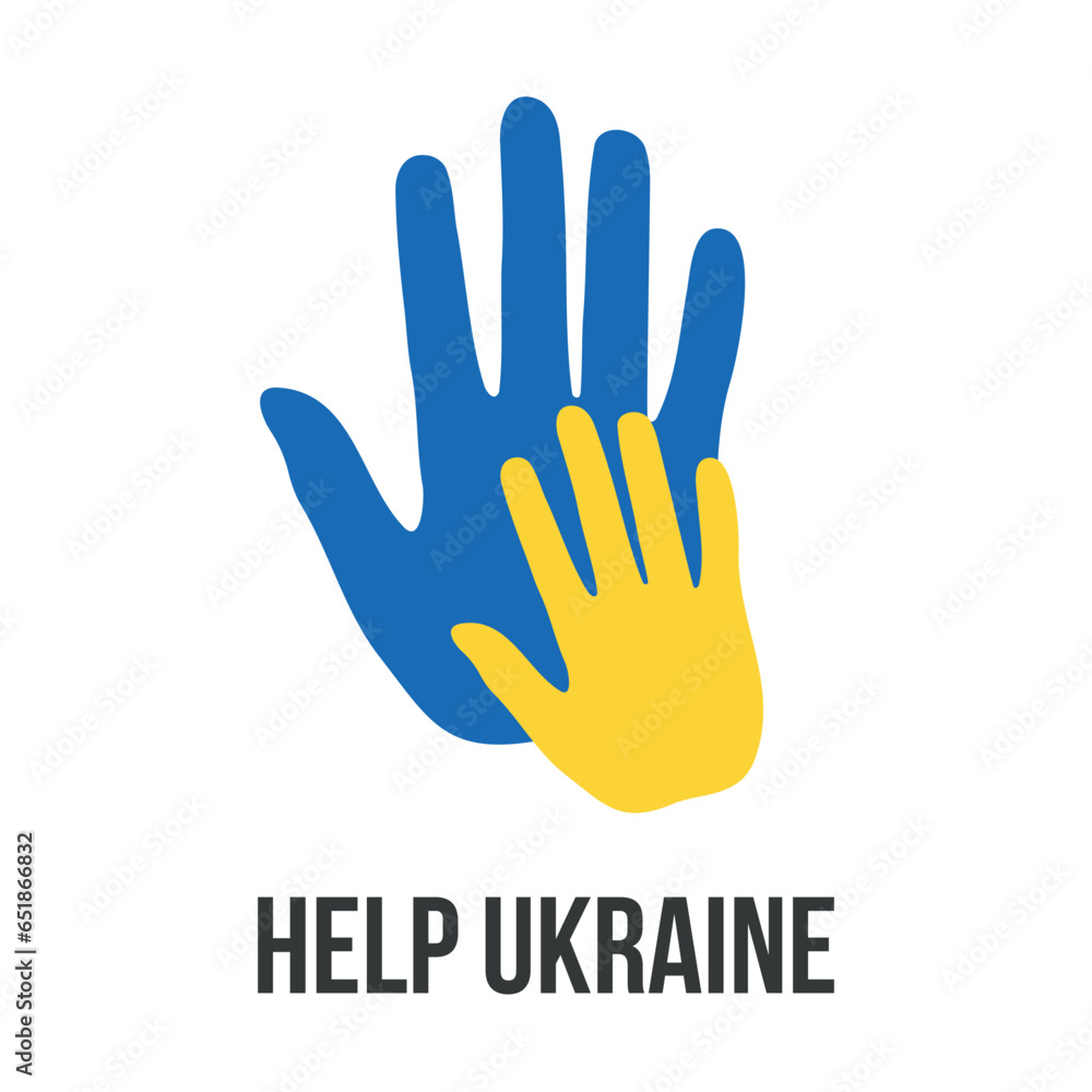 Support Ukraine. Help, save, pray for. Two Hands colors of Ukraine flag. Stop War. Blue and yellow. Support Ukraine. Help, save, pray for. Two Hands colors of Ukraine flag. Stop War. Blue and yellow.