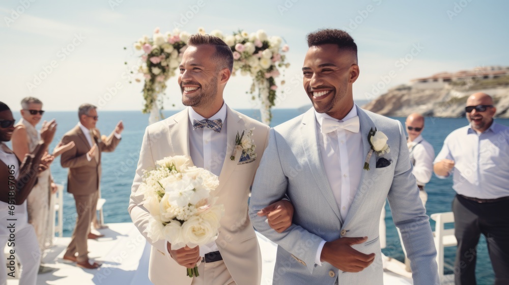 Handsome gay couple in wedding ceremony at outdoor venue near sea under wedding flower arch, Authentic LGBTQ Relationship. - obrazy, fototapety, plakaty 