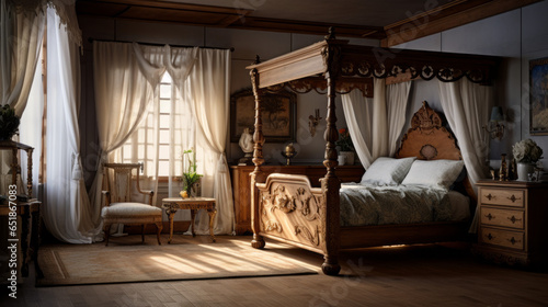 A bedroom with a canopy bed, flowing curtains, and antique furniture © Textures & Patterns