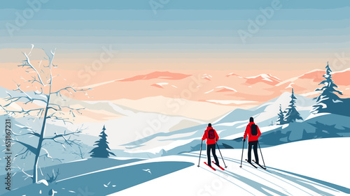 simple vector illustration, copy space, simple colors, 2 persons cross-country skiing. Illustration for publicity on a ski resort. Copy space available. Winter sports theme.