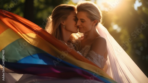 Lesbian in wedding ceremony dresses hugging each other enjoying the relationship with LGBT flag
