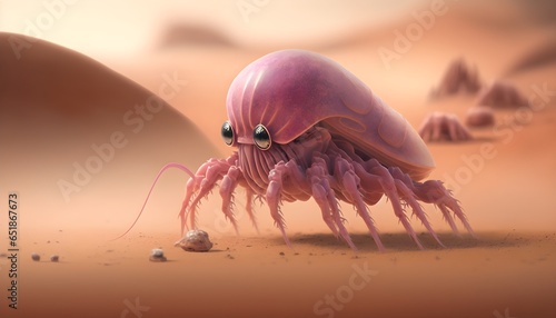 A translucent pink creature with tentacles hunts for small furry critters to eat it on the dusty mars soil very fine sand red dust macro shot photorealistic style 