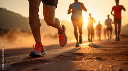 Legs of runner group running on sunrise seaside trail