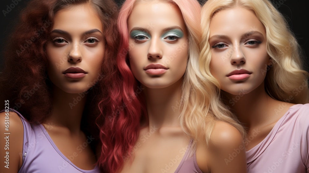 Female models of different skin colors and nationalities pose together. Beautiful girls with the appearance of beauty standards. Faces close up Female models of different skin colors and nationalities pose together. Beautiful girls with the appearance of beauty standards. Faces close up