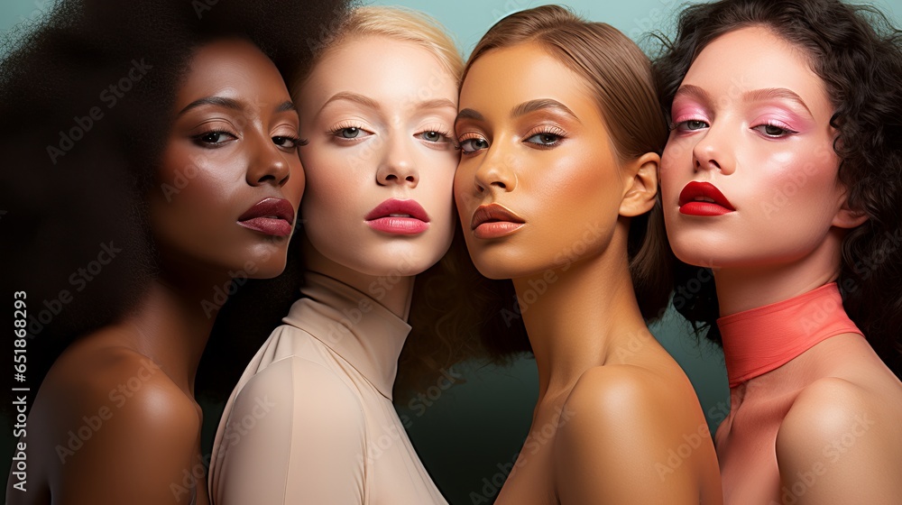 Female models of different skin colors and nationalities pose together. Beautiful girls with the appearance of beauty standards. Faces close up Female models of different skin colors and nationalities pose together. Beautiful girls with the appearance of beauty standards. Faces close up